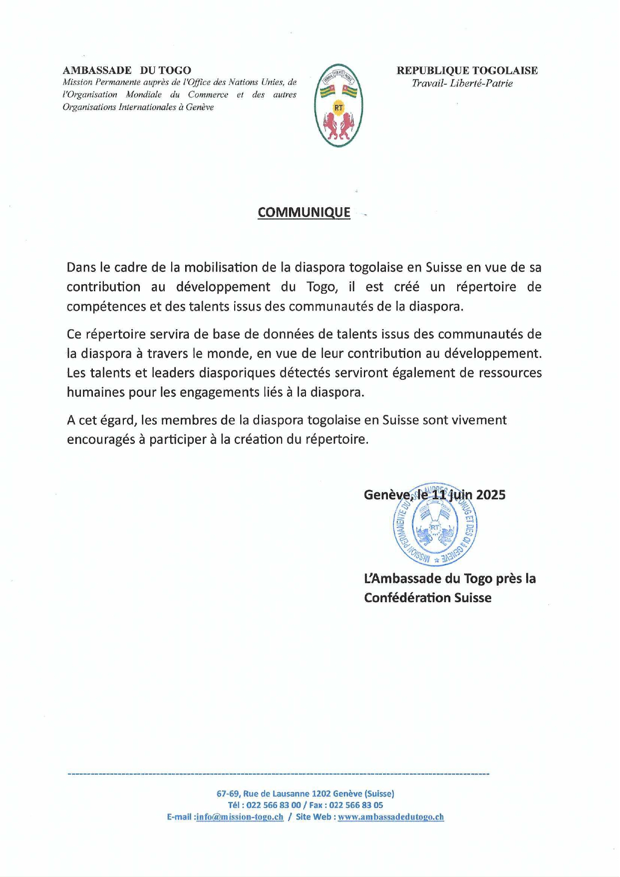 Répertoire des compétences des membres de la Diaspora togolaise en Suisse